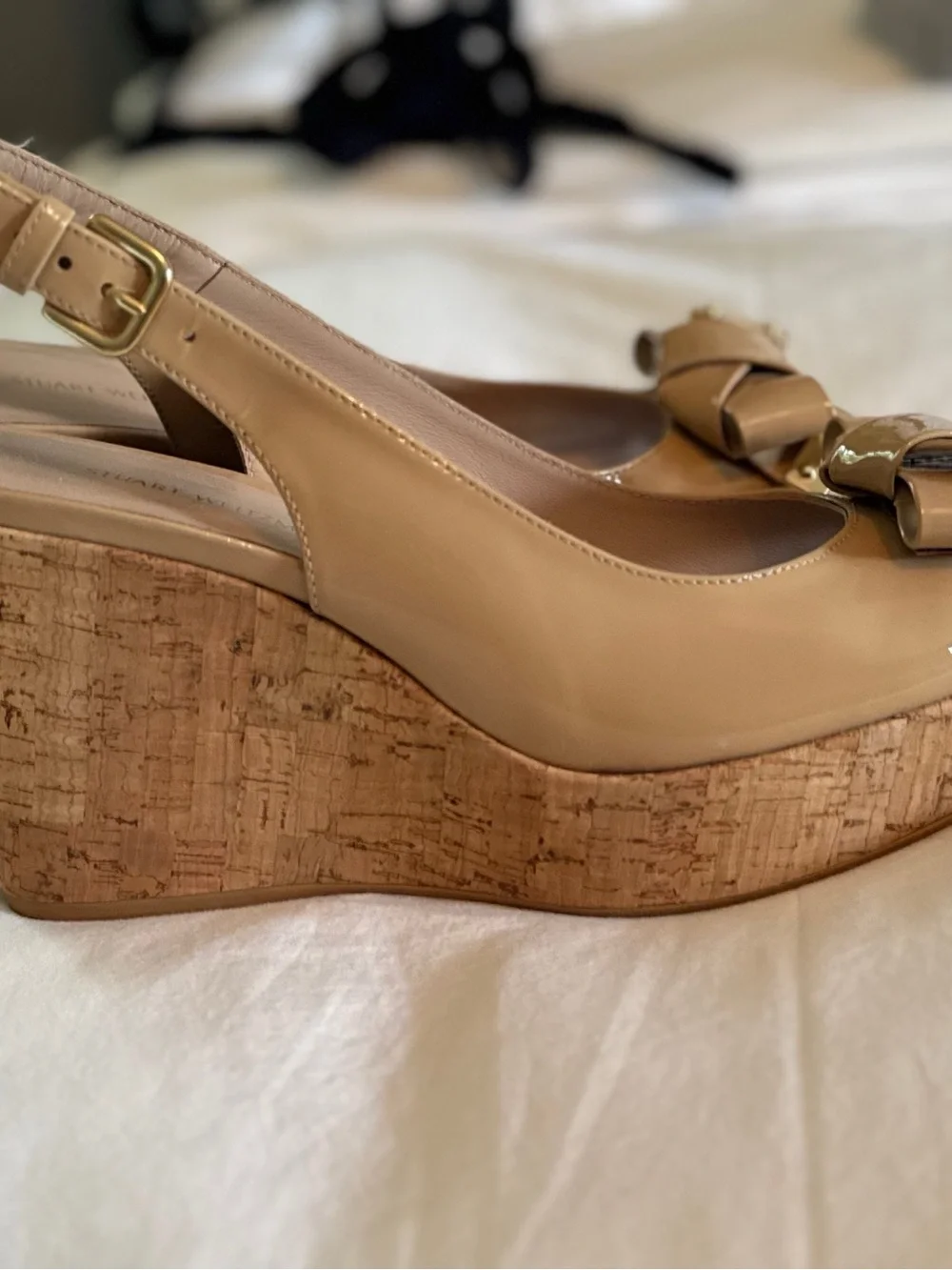 Stuart Weitzman Beige Slingback Peep-Toe Heels with Bow - Picture 2 of 4